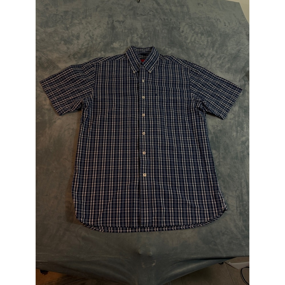 Izod Mens Medium Navy Blue White Plaid Short Sleeve Button Down Cotton Shirt